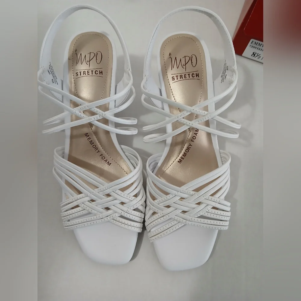 Impo Emmy White Stretch 2.5 Heel Sandal Size 8.5 Memory Foam Elastic - Picture 2 of 13